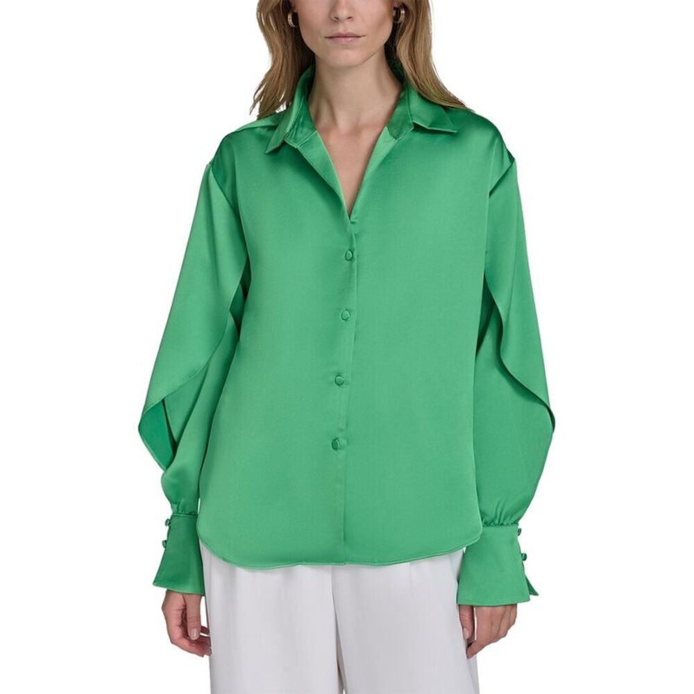 Halston Womens Ruffle Sleeve V-Neck Blouse